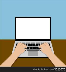 Hands typing on laptop keyboard and blue background Work from home and e-learning concept Vector illustration