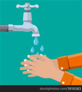 Hands under falling water out of tap. Man washes hands, hygiene, water preservation. Vector illustration in flat style. Hands under falling water out of tap.