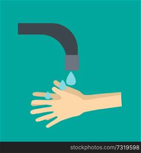 Hands under falling water out of tap. Man washes hands, hygiene, water preservation. Vector illustration in flat style
