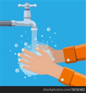 Hands under falling water out of tap. Man washes hands with soap, hygien. Vector illustration in flat style. Hands under falling water out of tap.
