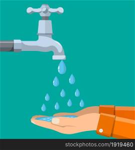 Hands under falling water out of tap. vector illustration in flat style. Hands under falling water out of tap.