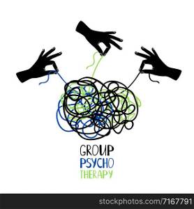 Hands untangling snarl knot, group psychotherapy vector concept illustration. Psychotherapy icon hands untangling knot