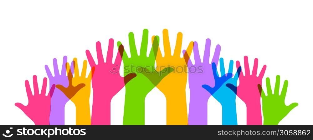 Hands up. Vector isolated illustation. Raised vector colored hands. Volunteering education business concept. EPS 10