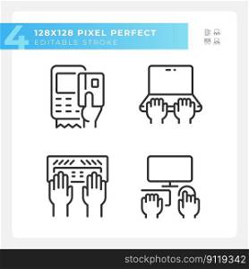 Hands using devices pixel perfect linear icons set. Opportunity for technology users. Computing development. Customizable thin line symbols. Isolated vector outline illustrations. Editable stroke. Hands using devices pixel perfect linear icons set