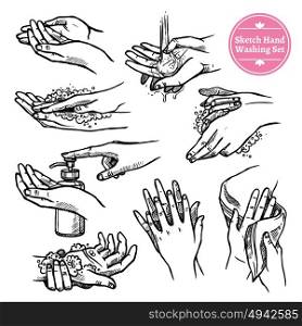 Hands Washing Black White Set. Sketch healthcare black and white set of hands washing and drying process isolated vector illustration