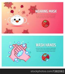 Hands washing with bubble and medical mask protection N95 cartoon vector illustration. Coronavirus,covid-19 disease banner campaign.