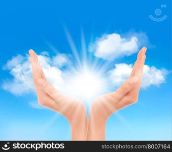 Hands with a bright sun. Vector.
