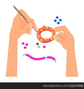 Hands with beads. Making bracelets hobby. Handmade jewelry. Vector illustration. Hands with beads. Making bracelets hobby. Handmade jewelry