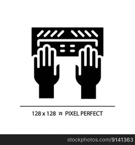 Hands with Braille keyboard pixel perfect black glyph icon. Equipment for users with eyesight problems. Blind support. Silhouette symbol on white space. Solid pictogram. Vector isolated illustration. Hands with Braille keyboard pixel perfect black glyph icon