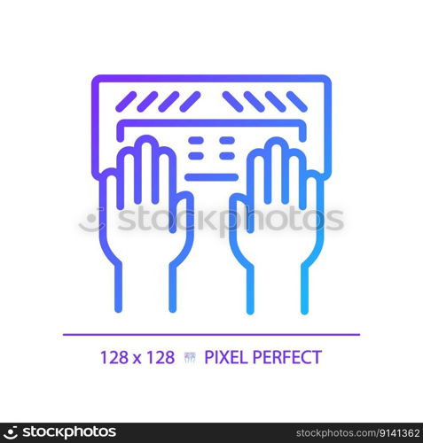 Hands with Braille keyboard pixel perfect gradient linear vector icon. Equipment for users with eyesight problems. Thin line color symbol. Modern style pictogram. Vector isolated outline drawing. Hands with Braille keyboard pixel perfect gradient linear vector icon