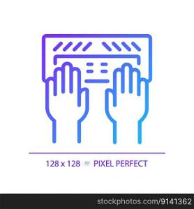 Hands with Braille keyboard pixel perfect gradient linear vector icon. Equipment for users with eyesight problems. Thin line color symbol. Modern style pictogram. Vector isolated outline drawing. Hands with Braille keyboard pixel perfect gradient linear vector icon