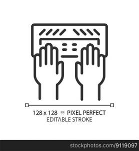 Hands with Braille keyboard pixel perfect linear icon. Equipment for users with eyesight problems. Blind support. Thin line illustration. Contour symbol. Vector outline drawing. Editable stroke. Hands with Braille keyboard pixel perfect linear icon