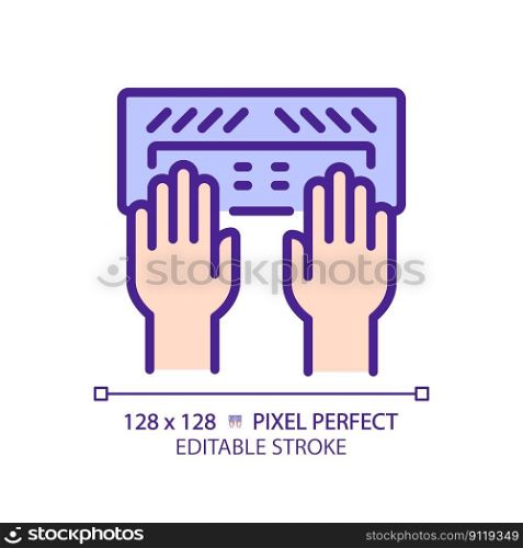 Hands with Braille keyboard pixel perfect RGB color icon. Equipment for users with eyesight problems. Blind support. Isolated vector illustration. Simple filled line drawing. Editable stroke. Hands with Braille keyboard pixel perfect RGB color icon