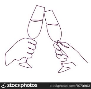Hands with champagne glasses. Linear mans and womens hand and wine glass. Festive toast, christmas party continuous one line isolated cheersing people vector drawing. Hands with champagne glasses. Linear mans and womens hand and wine glass. Festive toast, christmas party continuous one line vector drawing
