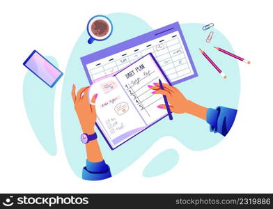 Hands with checklist. Cartoon concept with arms holding organizer and writing check marks. To do list. Day schedule. Task planning. Top view on desk with notepad or agenda planner. Vector illustration. Hands with checklist. Cartoon concept with arms holding organizer and writing check marks. Day schedule. Task planning. Top view on desk with notepad or planner. Vector illustration