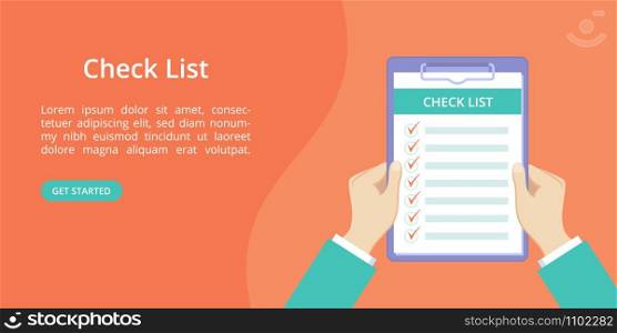 Hands with clipboard check list landing page template. Online checklist service landing concept flat man hands holding check list on clipboard. Vector illustration yellow web page template. Hands with clipboard check list landing page