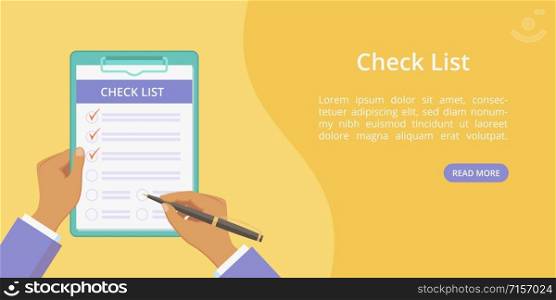 Hands with clipboard check list web page template. Vector landing concept flat man hand holding checklist on board with paper clip. Yellow web illustration template with hand, clipboard and check list. Hands with clipboard check list web page template