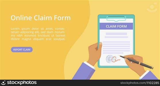 Hands with clipboard claim form web page template. Vector landing concept flat man hand holding document on board with paper clip. Yellow web illustration template with hand, clipboard and claim form. Hands with clipboard claim form web page template