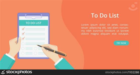 Hands with clipboard todo list landing page template. Vector concept flat man hands holding task to do on board with paper clip. Landing red illustration template with hand, clipboard and todo list. Hands with clipboard todo list red landing page