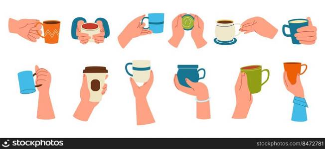 Hands with coffee. Hot drinks in glass and paper cups, woman hands with tea, and late. Vector isolated set illustrations groups different mug in arm. Hands with coffee. Hot drinks in glass and paper cups, woman hands with tea, and late. Vector isolated set