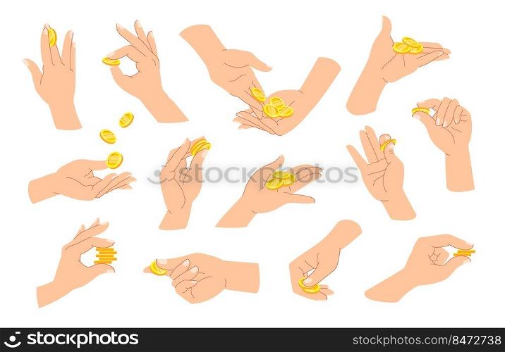 Hands with coins. man and woman hands with golden money, cartoon fingers with cents. Vector isolated set isolated hand buy. Hands with coins. man and woman hands with golden money, cartoon fingers with cents. Vector isolated set