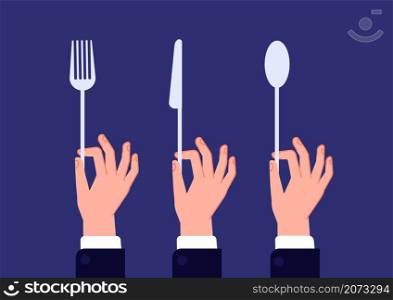 Hands with cutlery. Hand hold spoon, fork knife. Waiter hands holding kitchen utensils, catering in restaurant or gentleman on dinner utter vector concept. Illustration knife and fork, spoon in hands. Hands with cutlery. Hand hold spoon, fork knife. Waiter hands holding kitchen utensils, catering in restaurant or gentleman on dinner utter vector concept