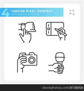 Hands with different devices pixel perfect linear icons set. Digital technology. Gadget usage purposes. Customizable thin line symbols. Isolated vector outline illustrations. Editable stroke. Hands with different devices pixel perfect linear icons set