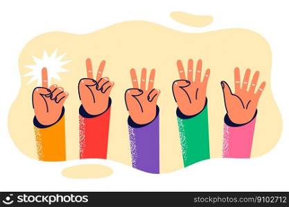 Hands with different number of bent fingers starting from one to five for teaching mathematics at school or in kindergarten. Concept of using hands to train kids to count on fingers. Hands with different number of bent fingers starting from one to five for teaching mathematics