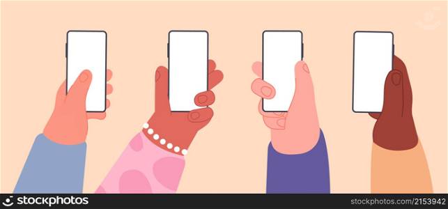 Hands with empty phones. Smartphone with blank screen in human hand. Flat network or social media, mobile device for marketing utter vector banner. Illustration mobile phone empty in hands. Hands with empty phones. Smartphone with blank screen in human hand. Flat network or social media, mobile device for marketing utter vector banner