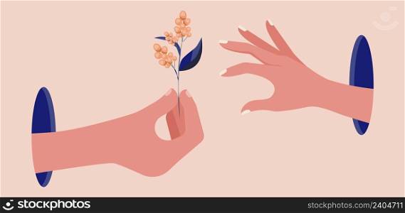 Hands with flower. Hand from blue hole hold berry bunch. Abstract contemporary art of love or dating, male female sexual relations vector concept. Illustration hand hold flower, botanical spring. Hands with flower. Hand from blue hole hold berry bunch. Abstract contemporary art of love or dating, male female sexual relations vector concept