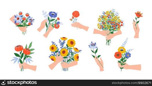 Hands with flowers. Cartoon blooming bouquets. Human arms hold garden or field blossoming plants. Give and take floral bunches, holiday presents. Isolated botanical decorative elements, vector set. Hands with flowers. Cartoon blooming bouquets. Arms hold garden or field blossoming plants. Give and take floral bunches, holiday presents. Botanical decorative elements, vector set