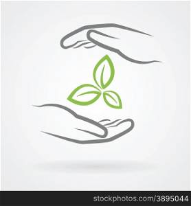 Hands with green leaves icon as environmental protection concept vector illustration.