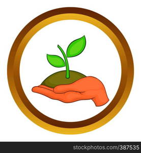 Hands with green sprout vector icon in golden circle, cartoon style isolated on white background. Hands with green sprout vector icon