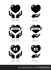 Hands with heart love relationship icons set vector image