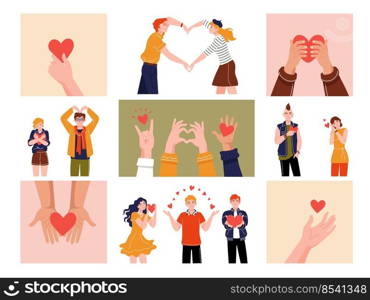 Hands with hearts. Cartoon support and charity concept with human hands and characters holding red hearts, charity and donation graphic. Vector isolated of charity heart support and love illustration. Hands with hearts. Cartoon support and charity concept with human hands and characters holding red hearts, charity and donation graphic. Vector isolated set