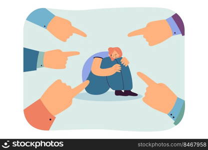 Hands with index fingers pointing at depressed woman. People criticizing girl with psychological problems flat vector illustration. Social stigma concept for banner, website design or landing web page