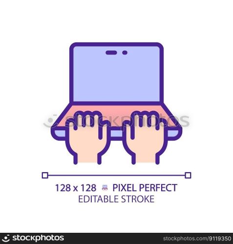 Hands with laptop pixel perfect RGB color icon. Person working on notebook computer. Typing on PC keyboard. Isolated vector illustration. Simple filled line drawing. Editable stroke. Hands with laptop pixel perfect RGB color icon
