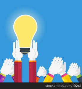 Hands with lightbulb idea concept in flat design. Development of ideas