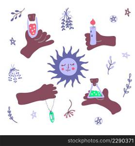 Hands with magic esoteric objects doodle collection. Halloween vector concept. Perfect for T-shirt, poster, stickers and print.