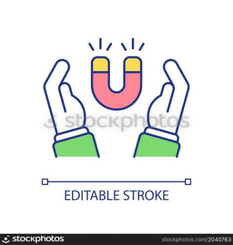 Hands with magnet RGB color icon. Attracting new clients, investments, business partners. Education and science item. Isolated vector illustration. Simple filled line drawing. Editable stroke. Hands with magnet RGB color icon