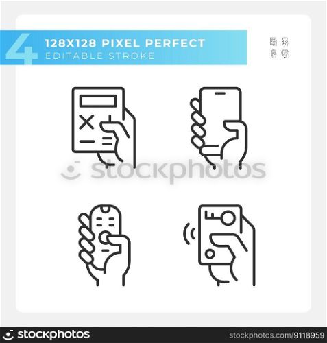 Hands with mobile devices pixel perfect linear icons set. Appliances for control and communication. Customizable thin line symbols. Isolated vector outline illustrations. Editable stroke. Hands with mobile devices pixel perfect linear icons set