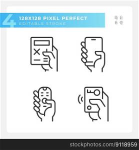 Hands with mobile devices pixel perfect linear icons set. Appliances for control and communication. Customizable thin line symbols. Isolated vector outline illustrations. Editable stroke. Hands with mobile devices pixel perfect linear icons set