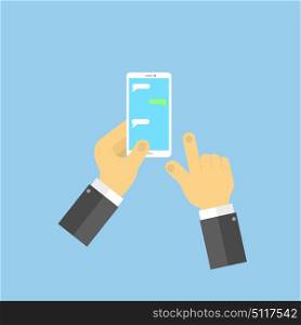 Hands with mobile phone SMS chat. . Hands with mobile phone SMS chat. Vector illustration .