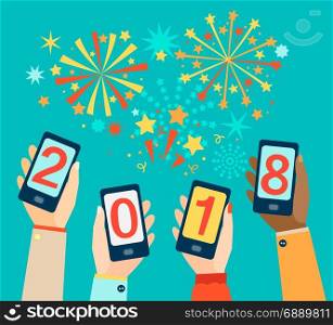 Hands with mobiles showing 2018.. Hands with mobiles showing 2018. New 2018 Mobile Year holidays design. Flat vector illustration.