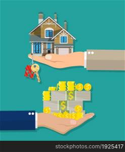 Hands with money and coins stacks and house with keys. Real estate concept. Vector illustration in flat style. Hands with money house with keys.