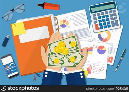 hands with money and folder with financial reports and pen. vector illustration in flat design. hands with money and folder financial reports