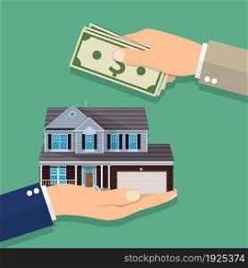 Hands with money and house. Real estate. vector illustration in flat style.. Hands with money and house.