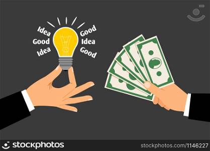Hands with Money and Idea. Concept of exchanging ideas for dollars vector illustration. Hands with Money and Idea. Concept of exchanging ideas for dollars