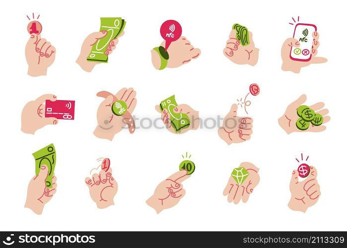 Hands with money. Minimalistic doodle hands holding coins cash money and paying with smartphone fitness tracker. Vector isolated set different successful hands. Hands with money. Minimalistic doodle hands holding coins cash money and paying with smartphone fitness tracker . Vector isolated set