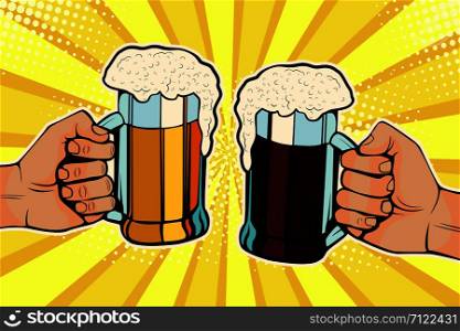 Hands with mugs of beer. Oktoberfest celebration. Vector illustration in pop art retro comic style